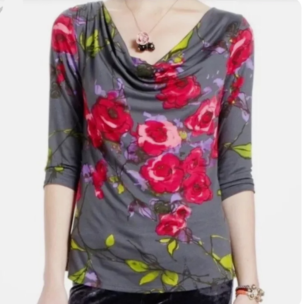 Anthropologie Blooming Roses soft knit cowl neck top, S.